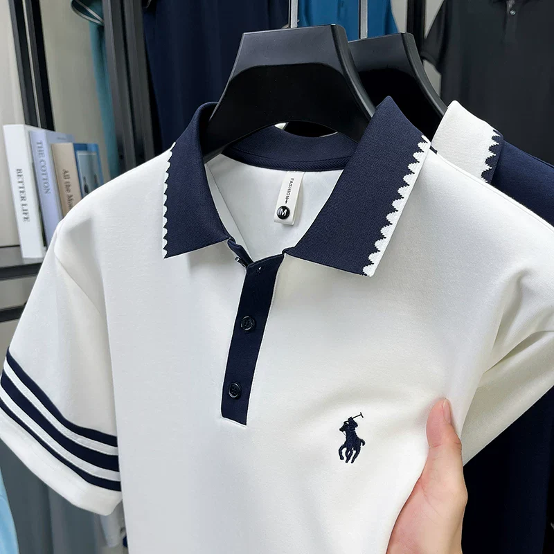 Ravicos Premium White Cotton Polo T-Shirt with Navy Contrast | Men's Regular Fit Half Sleeve Polo