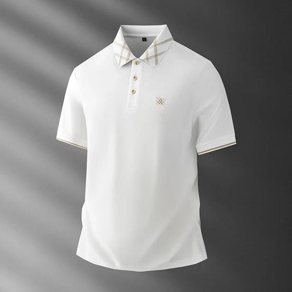 Ravicos Premium White Polo T-Shirt with Beige Check Collar | Men's Cotton Regular Fit Half Sleeve Polo