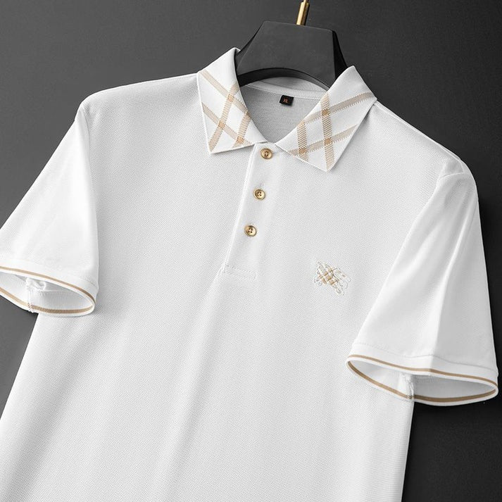 Ravicos Premium White Polo T-Shirt with Beige Check Collar | Men's Cotton Regular Fit Half Sleeve Polo