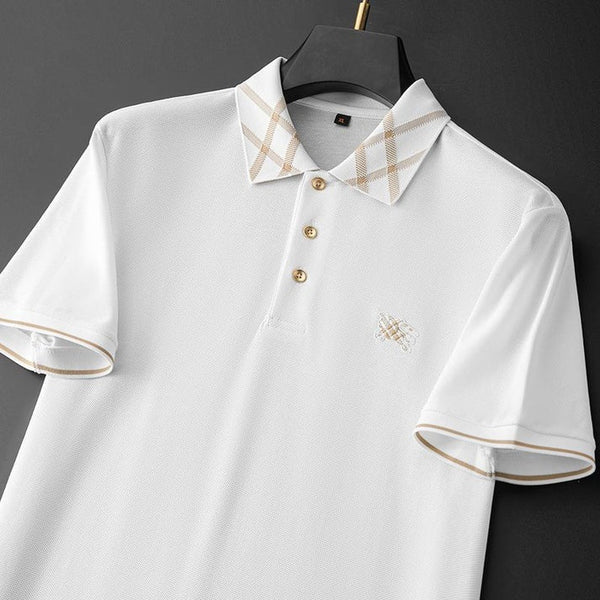 Ravicos Premium White Polo T-Shirt with Beige Check Collar | Men's Cotton Regular Fit Half Sleeve Polo