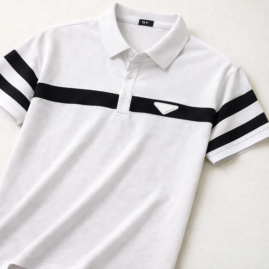 Ravicos Premium White Polo T-Shirt with Black Stripe | Men's Cotton Regular Fit Half Sleeve Polo