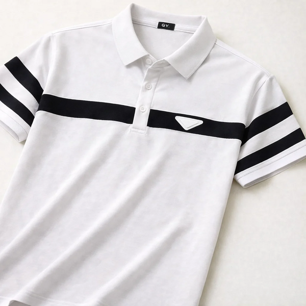 Ravicos Premium White Polo T-Shirt with Black Stripe | Men's Cotton Regular Fit Half Sleeve Polo