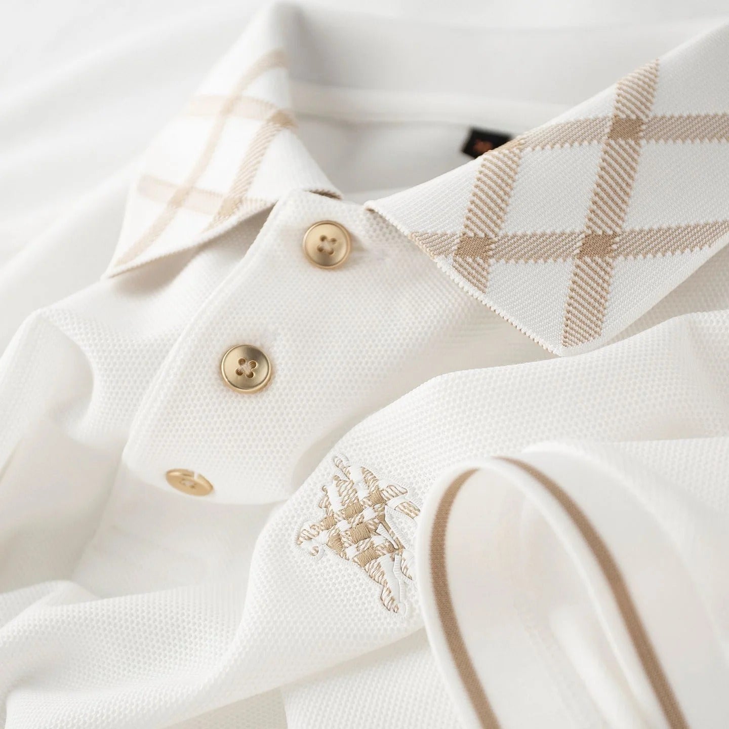 Ravicos Premium White Polo T-Shirt with Beige Check Collar | Men's Cotton Regular Fit Half Sleeve Polo