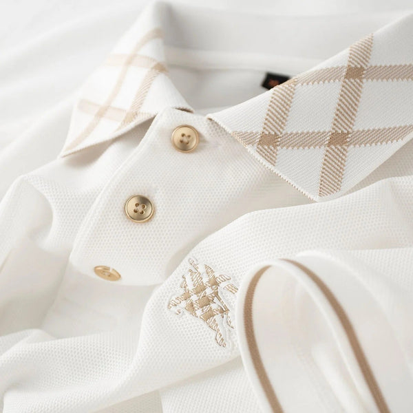 Ravicos Premium White Polo T-Shirt with Beige Check Collar | Men's Cotton Regular Fit Half Sleeve Polo