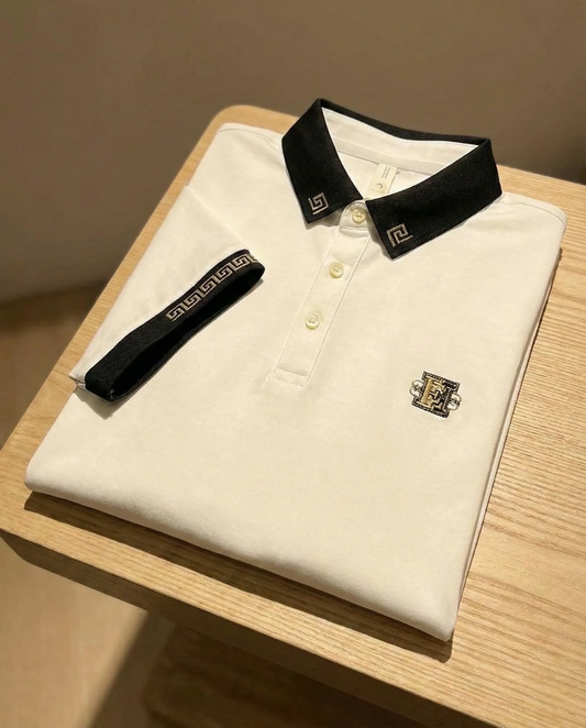 Ravicos Premium White Polo T-Shirt with Black Contrast Collar | Men's Cotton Regular Fit Half Sleeve Polo